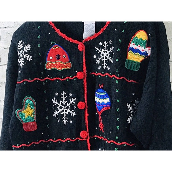NUT CRACKER UGLY CHRISTMAS MITTENS HATS BLING ELEGANT Holiday SWEATER SZ L - Picture 3 of 12